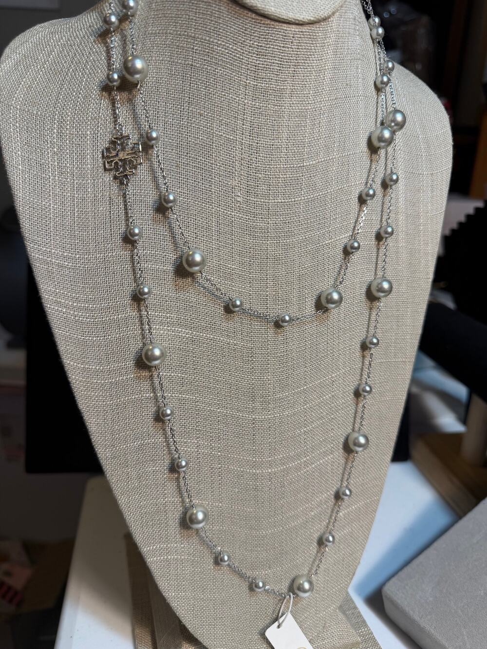 Tory Burch 24" Silver Pearl Chain Necklace Logo Charm Long Layering